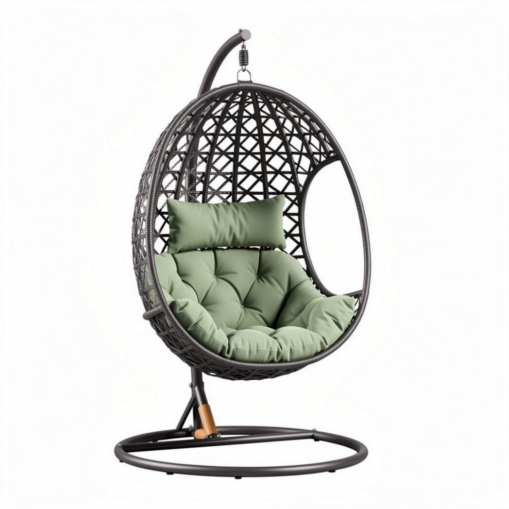 Hanging egg chair with cushioned seat and metal frame for indoor outdoor use