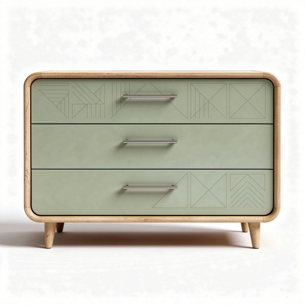 Green geometric drawer chest with wooden frame and three storage compartments 70 x 40 x 50cm