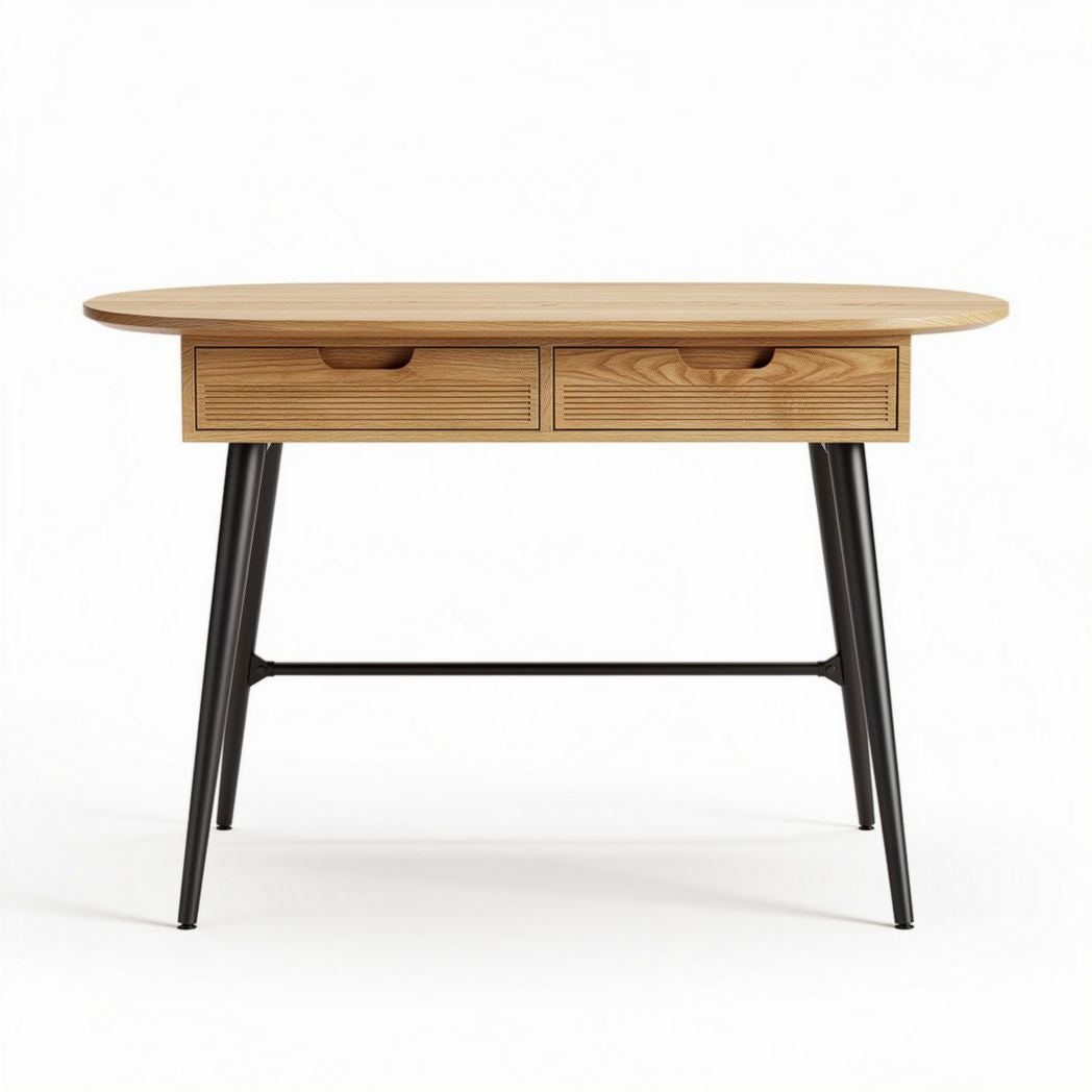 Wooden desk with two drawers in natural finish and black metal legs 120 x 60 x 75cm