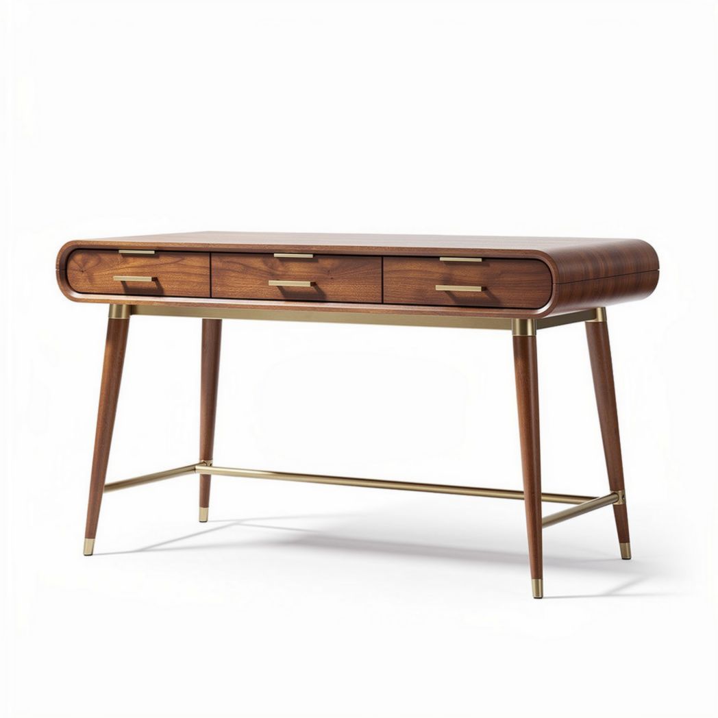 Walnut wood desk with three drawers and brass legs 120 x 60 x 75cm