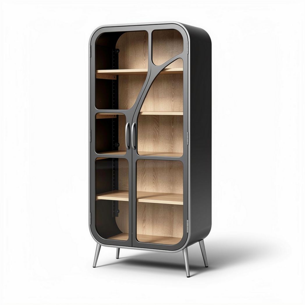 Glass door cabinet with wood shelves and metal frame 80 x 40 x 180cm