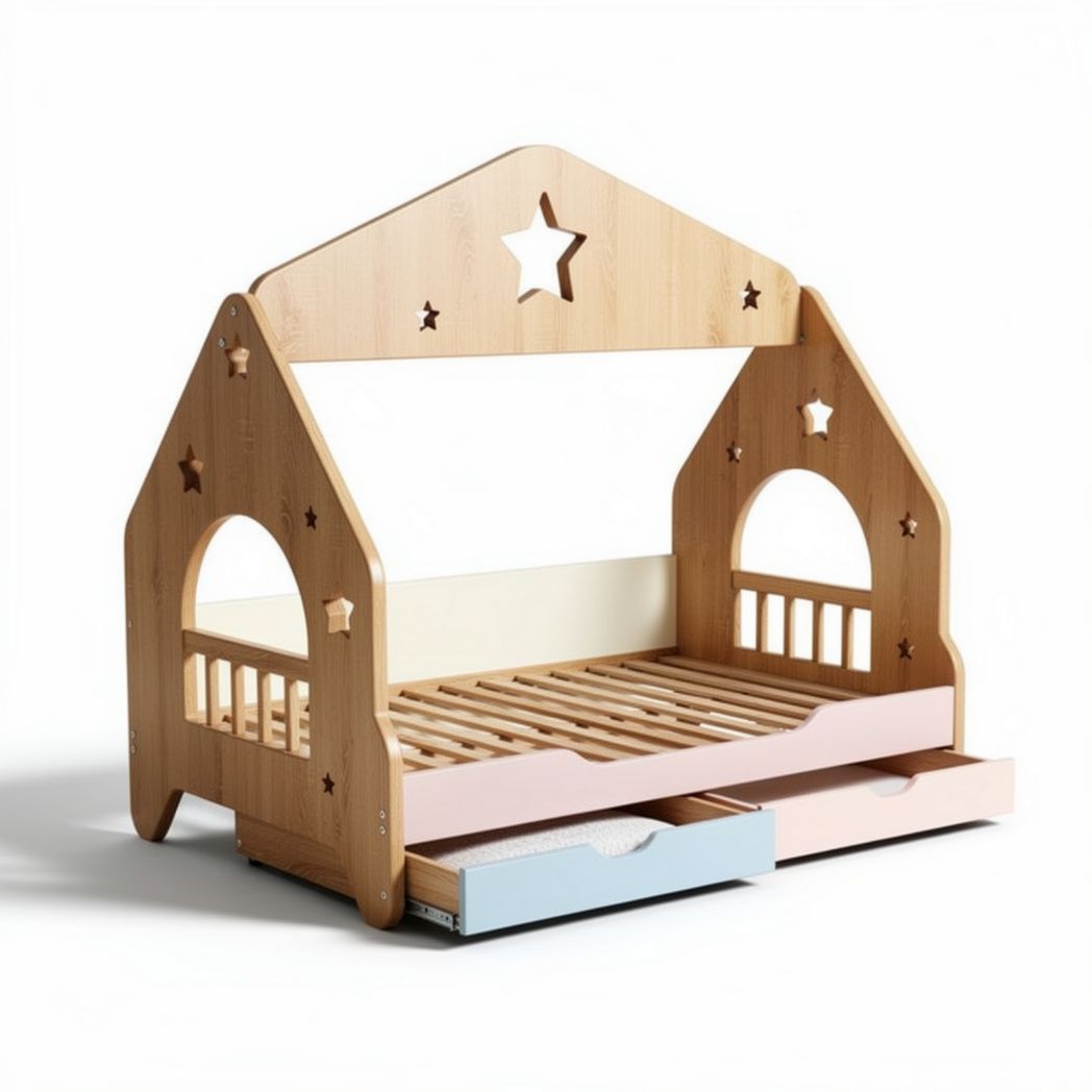 Wooden house bed with drawer for kids 160 x 80 x 100cm natural pine