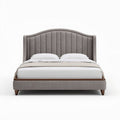 Upholstered king size bed frame with curved headboard in gray fabric