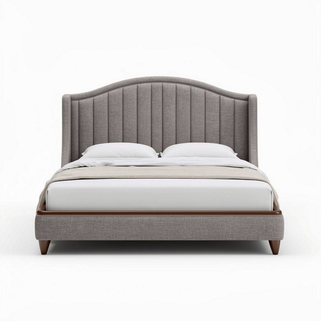 Upholstered king size bed frame with curved headboard in gray fabric