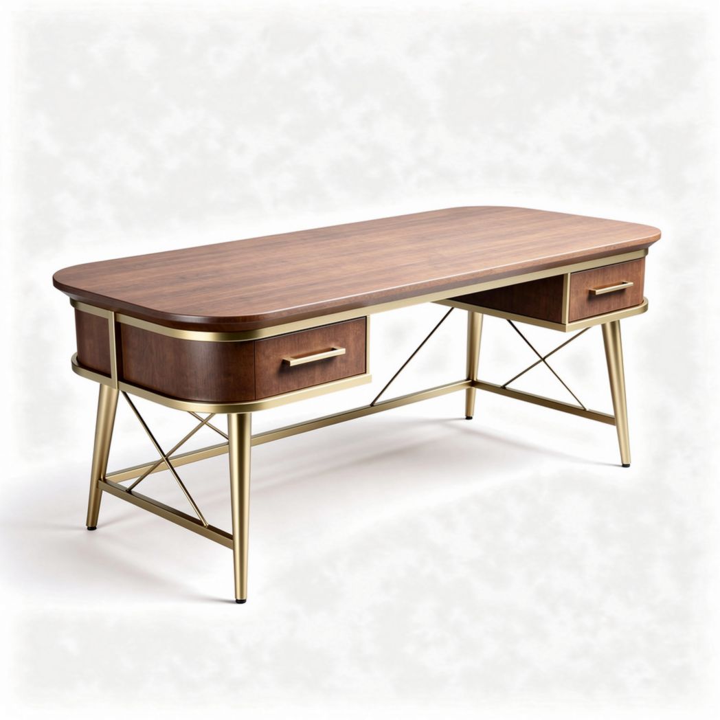 Mid-century modern writing desk with gold finish and walnut wood 150 x 75 x 75cm