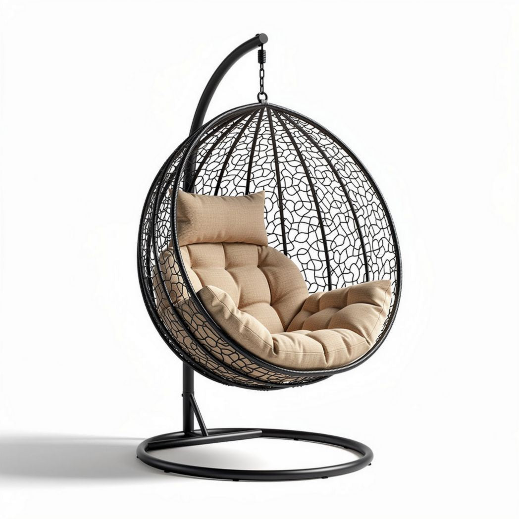 Hanging rattan chair with cushion for indoor and outdoor use black color 80 x 80 x 120cm