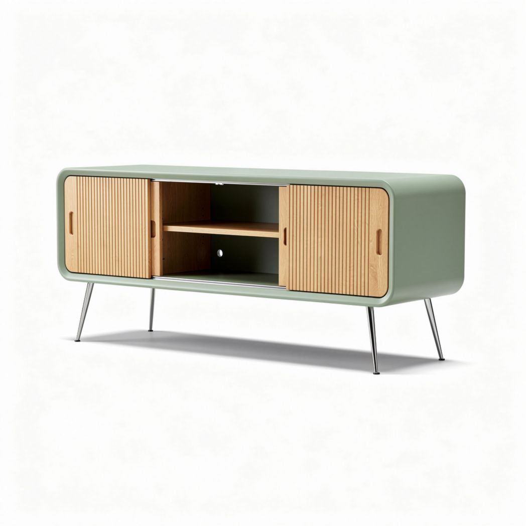 Mid-century modern tv stand with storage in green and natural wood 120 x 40 x 50cm